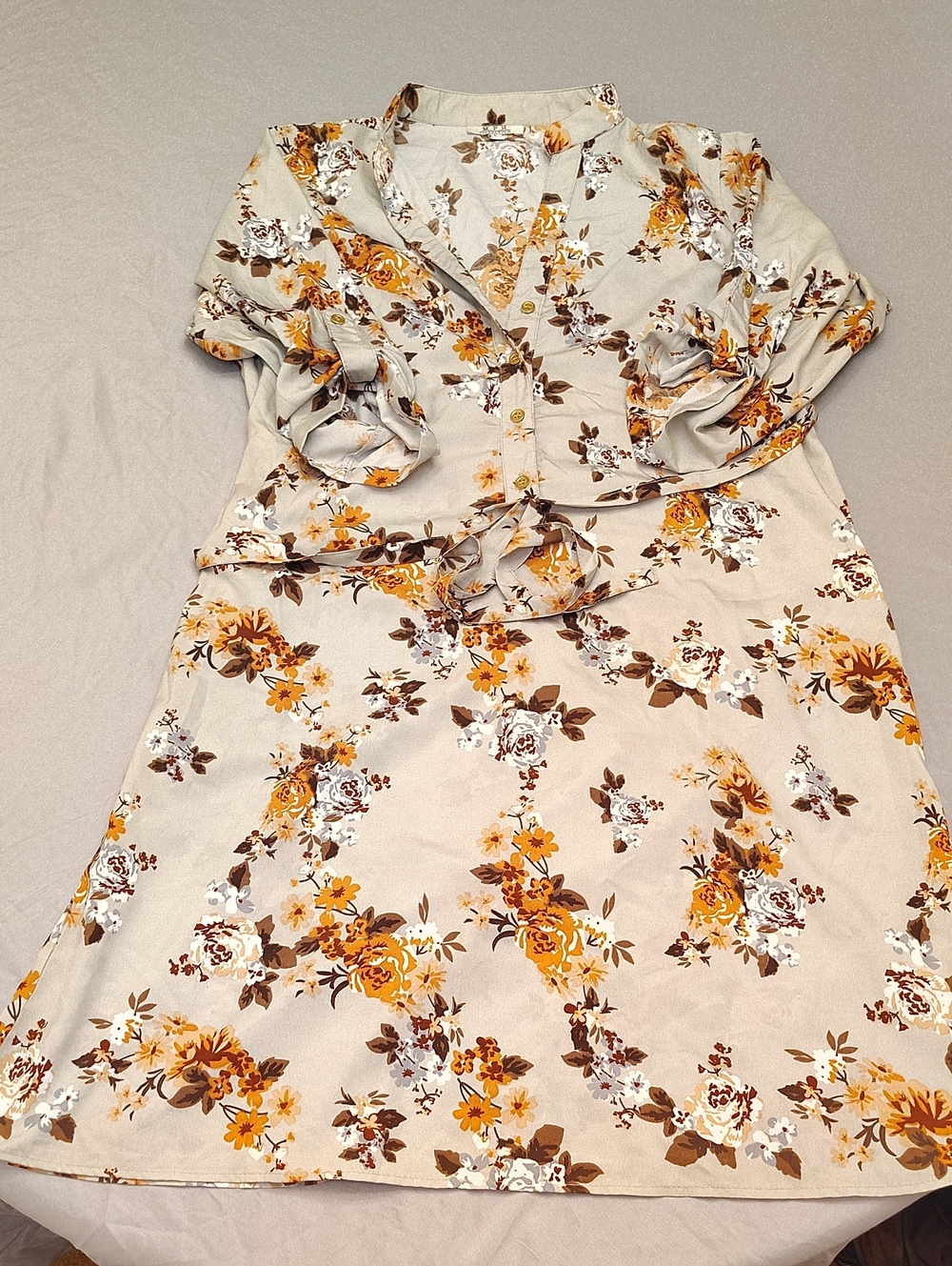 Cream Floral Midi Dress with Mustard and Brown Accents